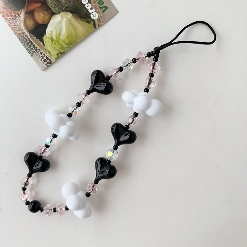 WCCH Beaded Phone Charm Y2K Kawaii Handmade Acrylic Phone Lanyard Wrist Strap for Camera Bag Airpods Keychain Charm Black Heart and White Cloud - Image 4